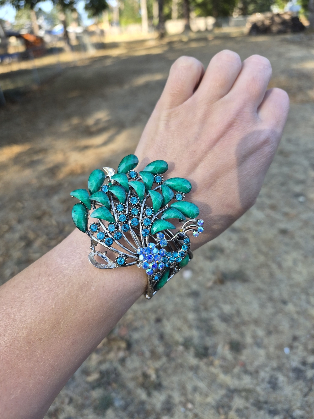 Green Peacock-Style Crystal Statement Bracelet